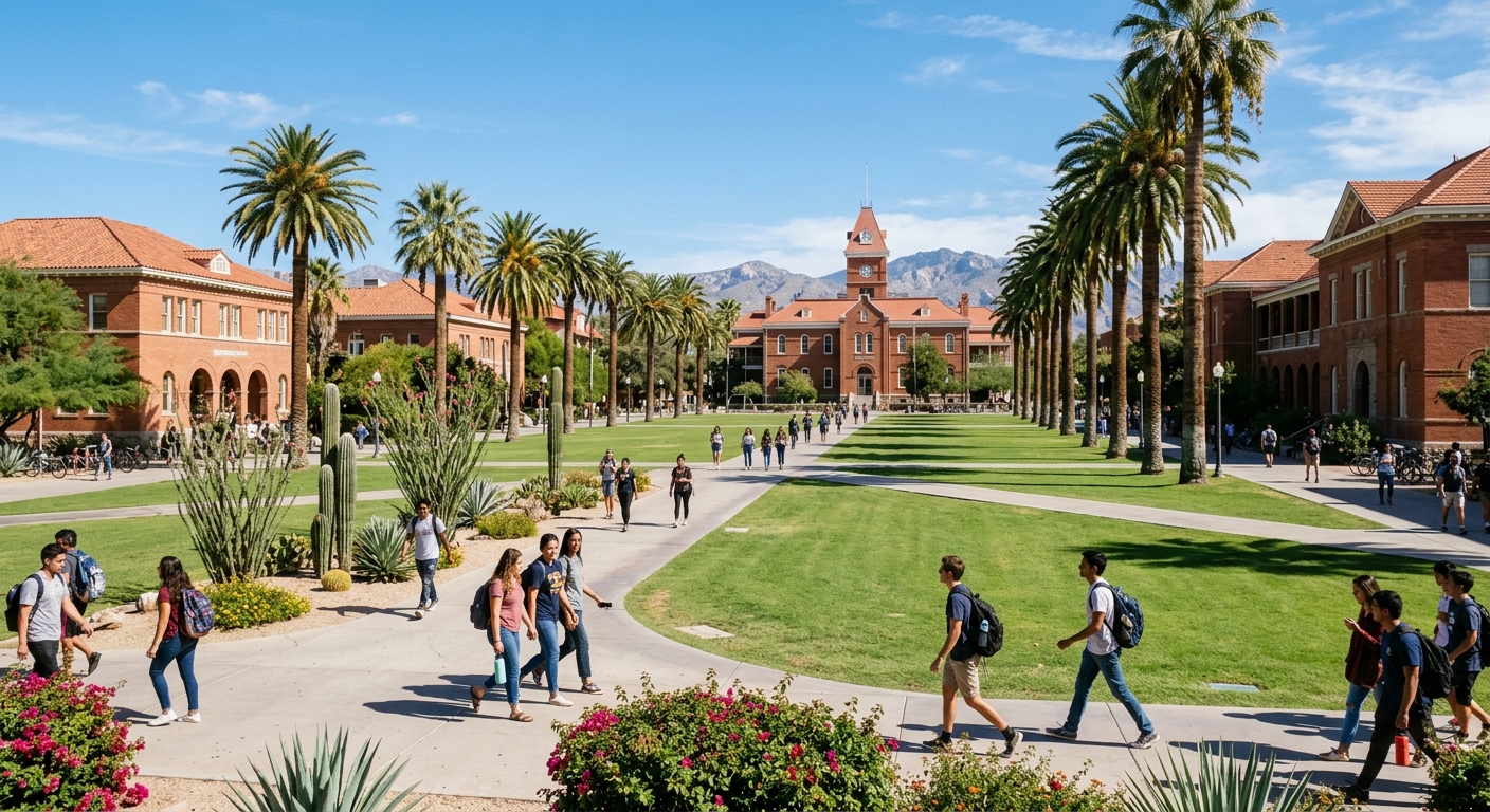 University of Arizona campus in Tucson with iconic red brick buildings, palm trees, desert landscape, and students walking through the main mall on a sunny day
