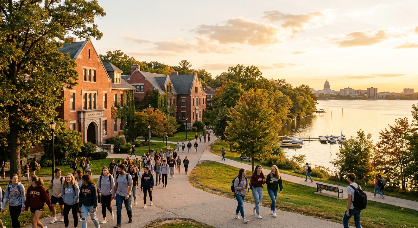 Edgewood College campus on the shore of Lake Wingra in Madison Wisconsin, red brick academic buildings surrounded by mature trees, students walking along pathways with lake visible in background, warm golden hour lighting