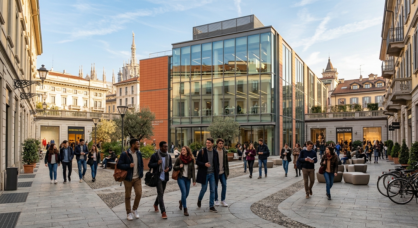 Elegant Milan cityscape with fashion district architecture, modern university campus building with glass facades, students walking through a stylish courtyard with Italian design elements, warm Mediterranean light