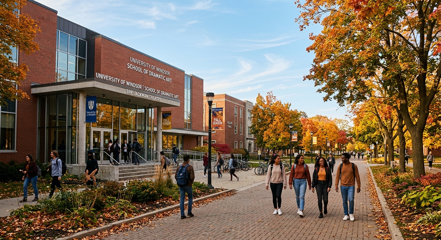 University of Windsor campus with the School of Dramatic Art building, students walking along tree-lined pathways, modern theatre entrance visible, warm autumn light in Windsor Ontario Canada