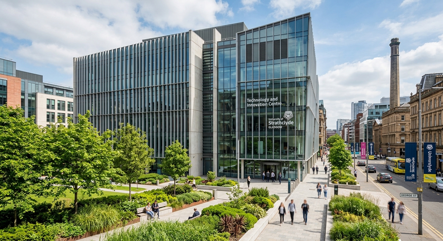 University of Strathclyde Technology and Innovation Centre, modern glass and steel building facade, Glasgow city centre, contemporary architecture with green landscaping