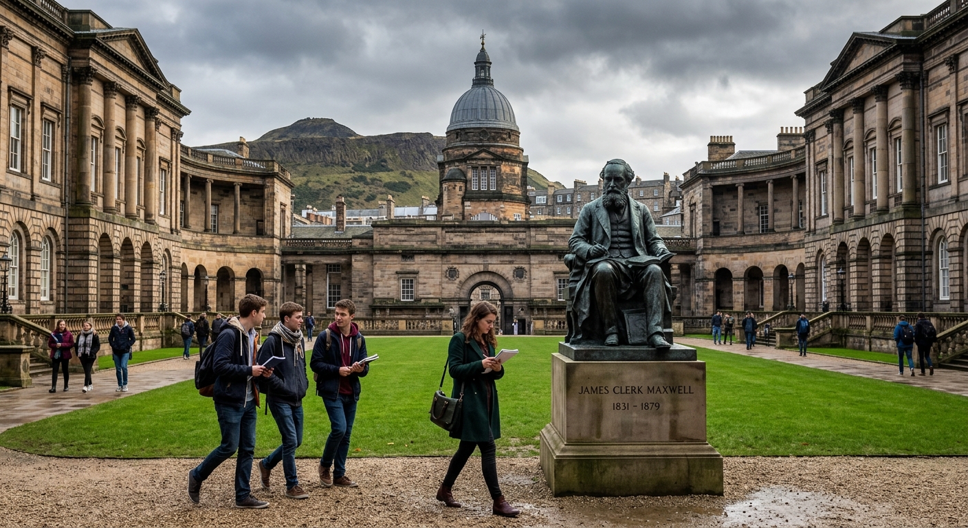 Historic University of Edinburgh campus with neoclassical stone buildings, James Clerk Maxwell statue in the foreground, green courtyard, mathematics students walking with notebooks, Edinburgh skyline with Arthur's Seat in the background, overcast Scottish sky