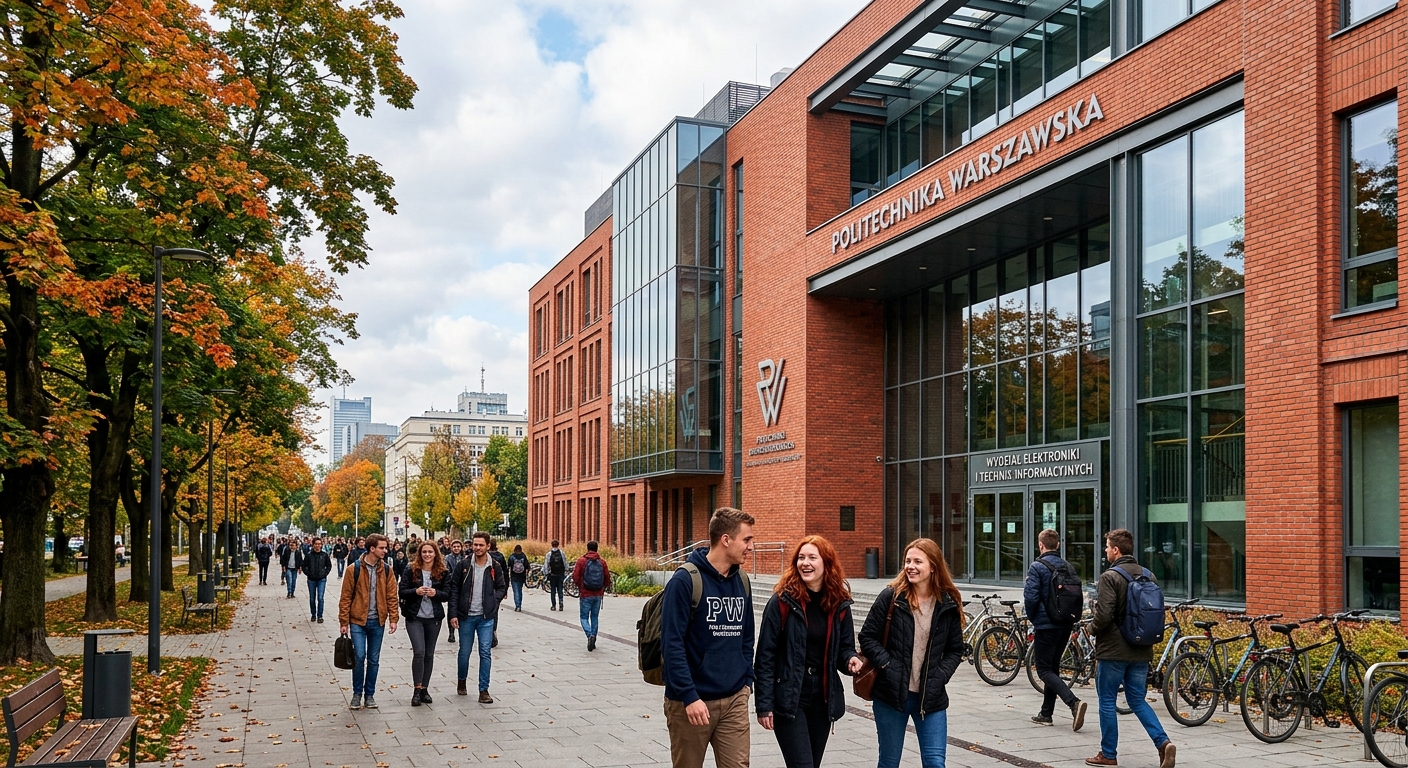 Modern campus building of Warsaw University of Technology Faculty of Electronics and Information Technology, red brick architecture with glass elements, students walking on tree-lined paths in Warsaw, Poland