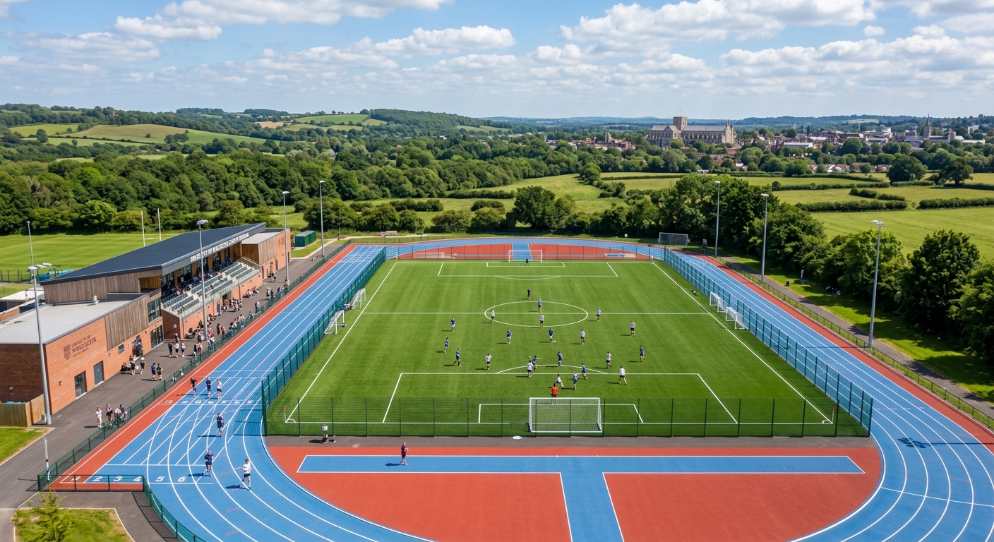 University of Winchester Sports Stadium with Olympic standard 8-lane running track, green astroturf pitch, students playing sports, Hampshire countryside in background