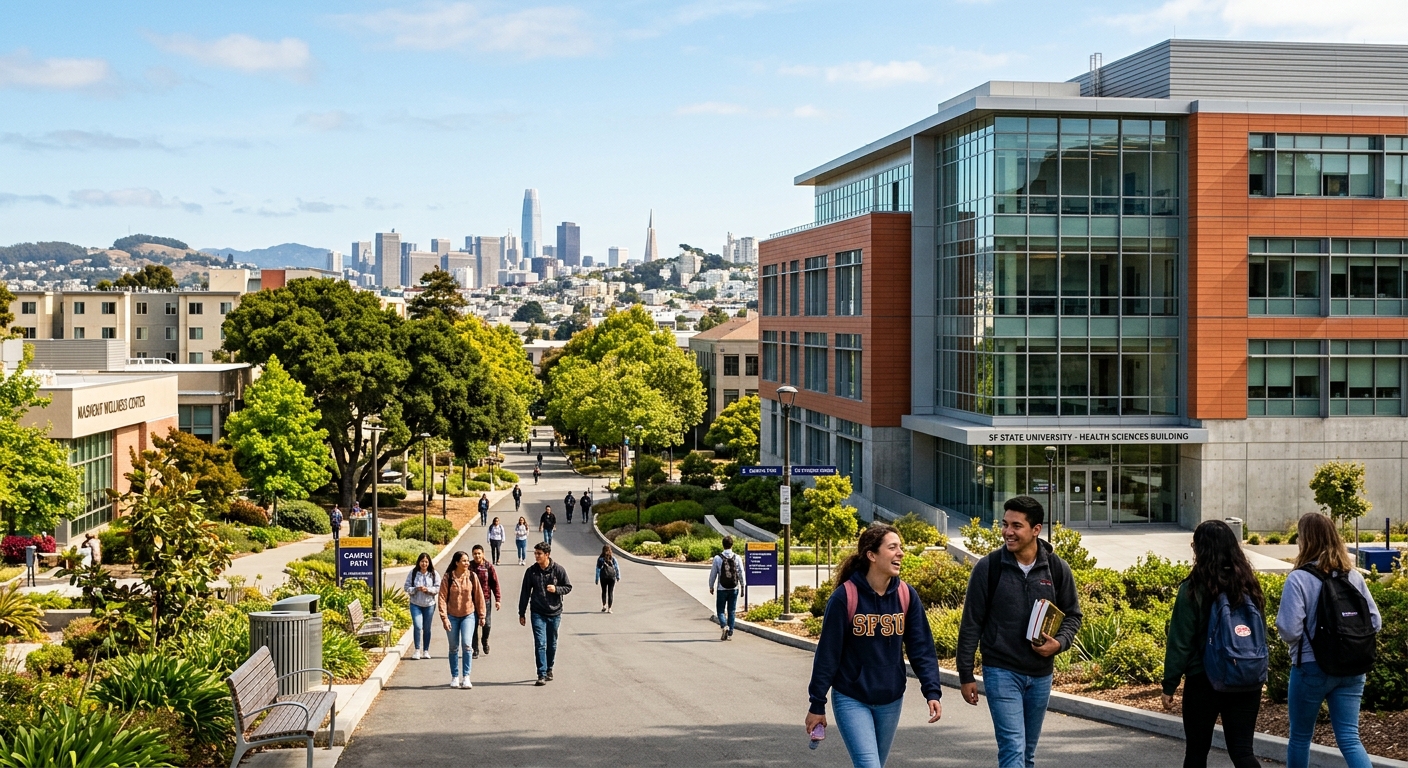 San Francisco State University campus with modern health sciences building, students walking on tree-lined pathways, San Francisco skyline and hills visible in the background, bright California sunshine