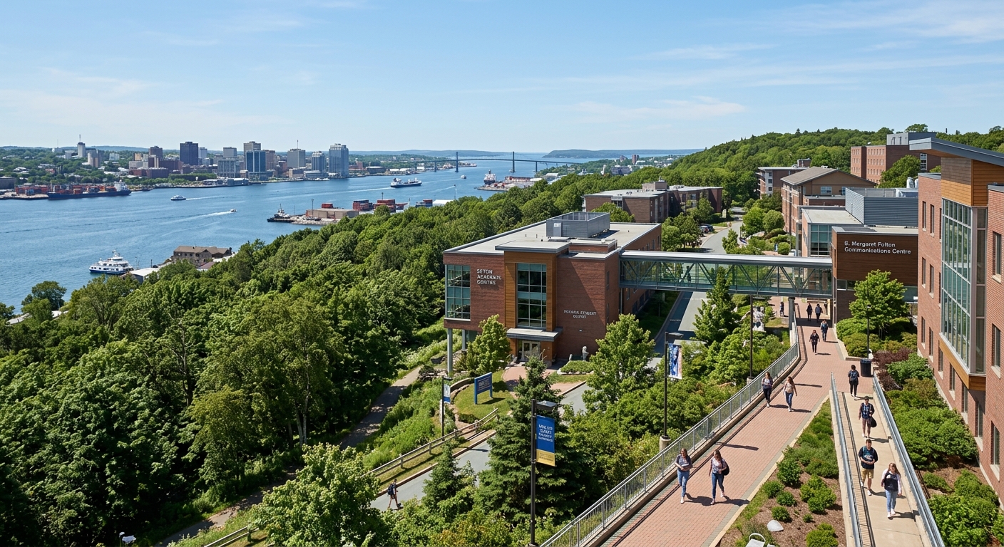 Mount Saint Vincent University campus overlooking Halifax harbour, Nova Scotia, with green wooded hillside, modern academic buildings connected by covered walkways, and students walking on campus paths under a clear blue sky