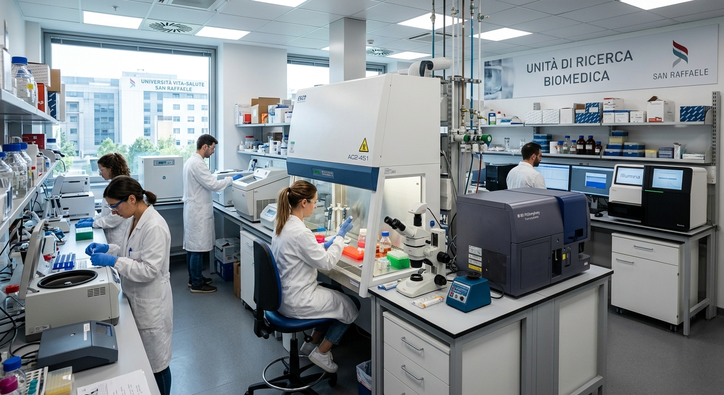 San Raffaele University biomedical research laboratory interior, scientists in white coats working with advanced equipment, bright clinical lighting, modern instruments