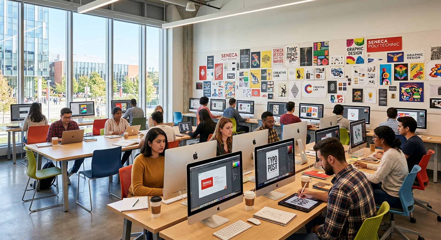 Bright modern design studio at Seneca Polytechnic York campus, students working on graphic design projects at Mac workstations, colorful prints and typography samples displayed on walls, large windows with natural light