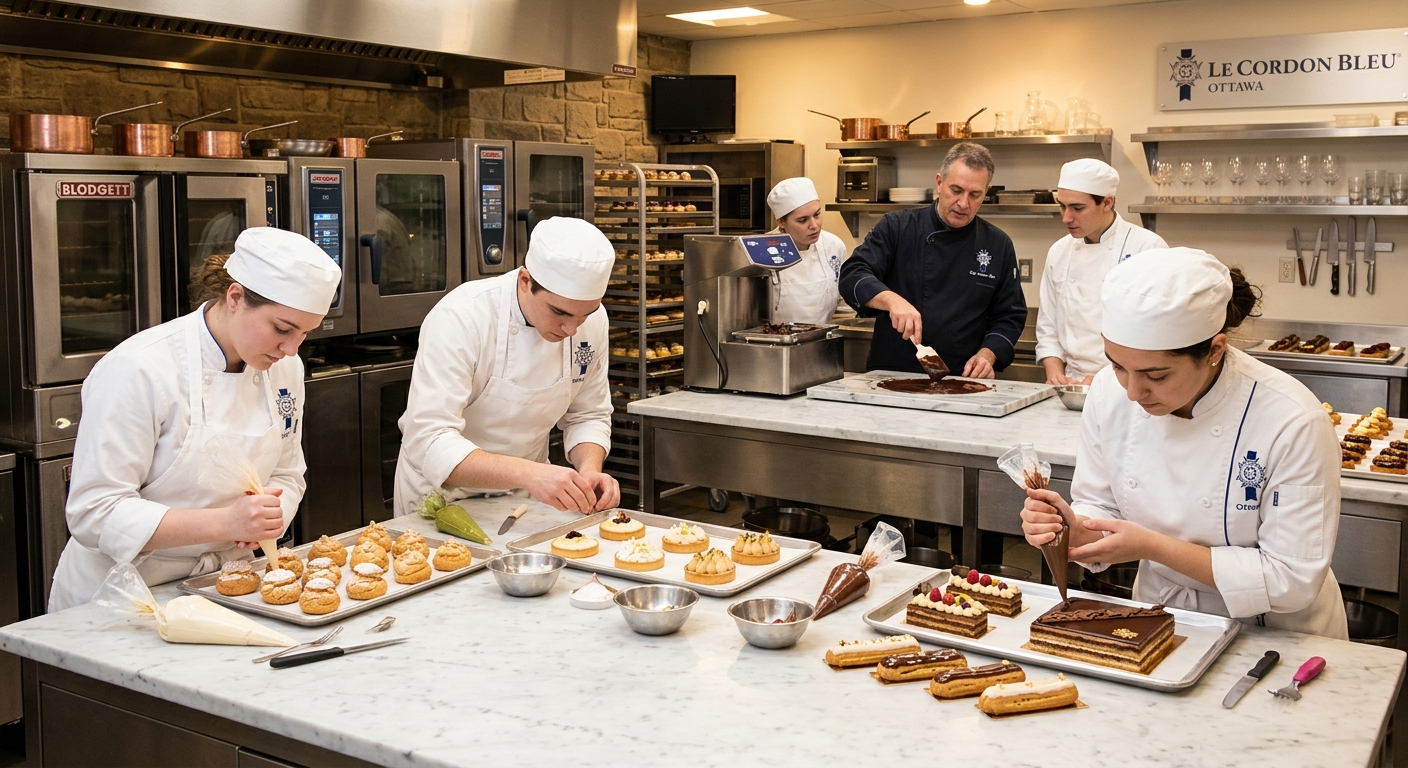 Elegant pastry kitchen at Le Cordon Bleu Ottawa with students in white chef uniforms decorating intricate French pastries, marble countertops, professional ovens, and a chef instructor demonstrating chocolate tempering techniques under warm lighting
