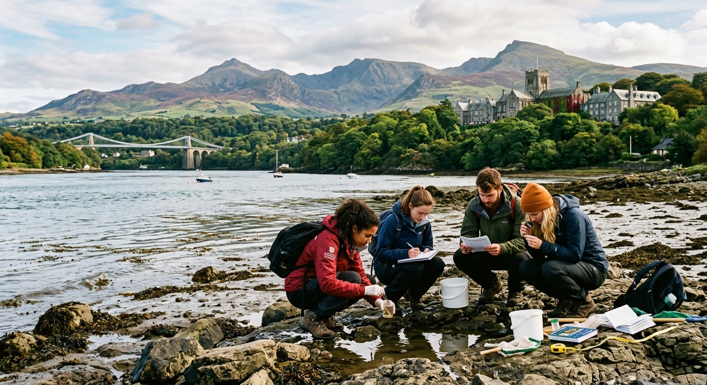Bangor University campus with lush green surroundings, Snowdonia mountains in the background, students conducting zoology fieldwork near the Menai Strait in North Wales