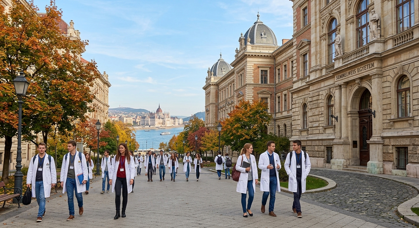 Historic Semmelweis University medical campus in Budapest Hungary, grand European architecture with students in white coats walking between clinical buildings, Danube river visible in background, bright autumn day