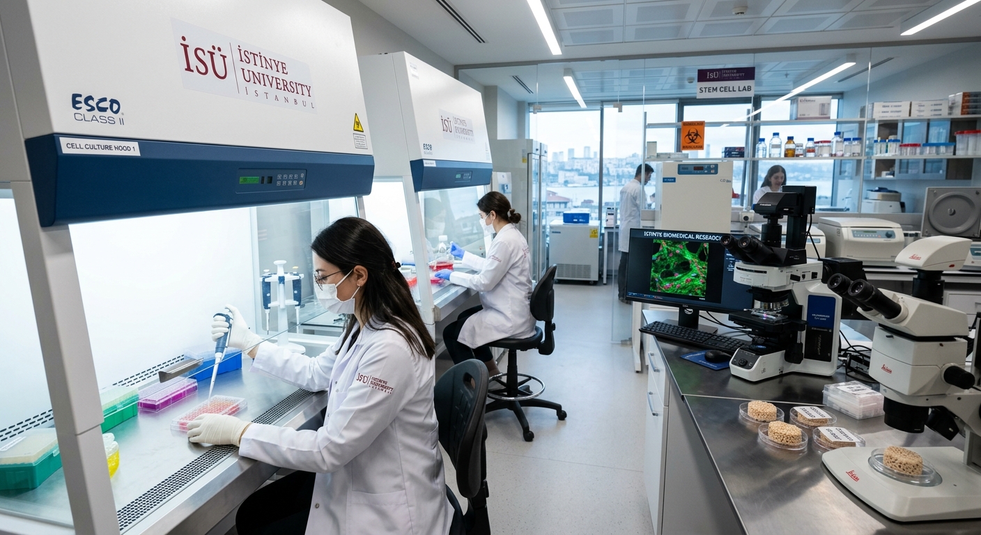 Modern biomedical research laboratory at Istinye University Istanbul, researchers in white coats working with stem cell cultures under sterile hoods, advanced microscopy equipment, tissue engineering scaffolds visible, bright clinical lighting