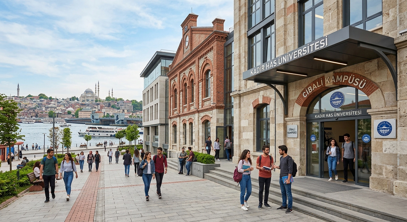 Modern university campus building in Istanbul's historic Balat district, European side, with students walking near the entrance, traditional Turkish architecture blending with contemporary academic facilities, Golden Horn waterfront visible in background