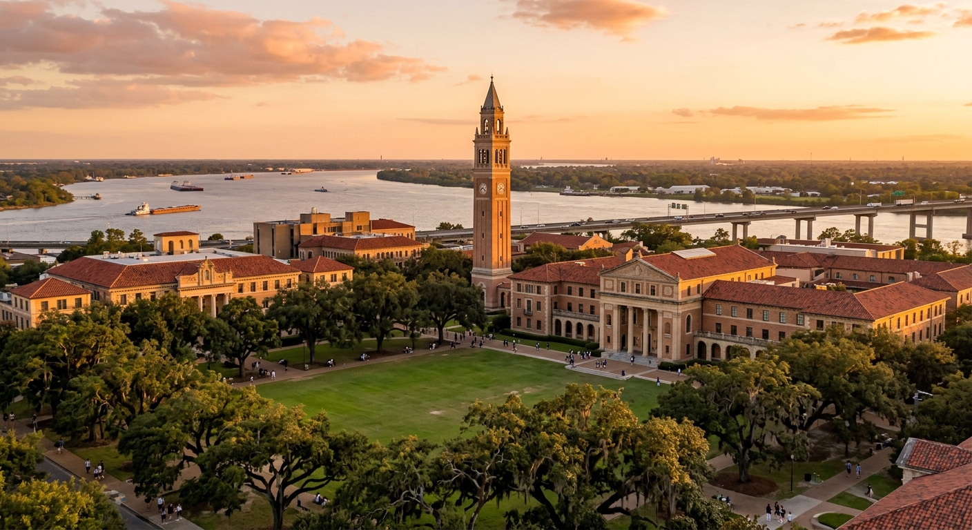 Louisiana State University campus wide shot featuring Italian Renaissance style buildings, live oak trees, and the Parade Ground with Memorial Tower in the background, warm golden hour light, Mississippi River visible in the distance