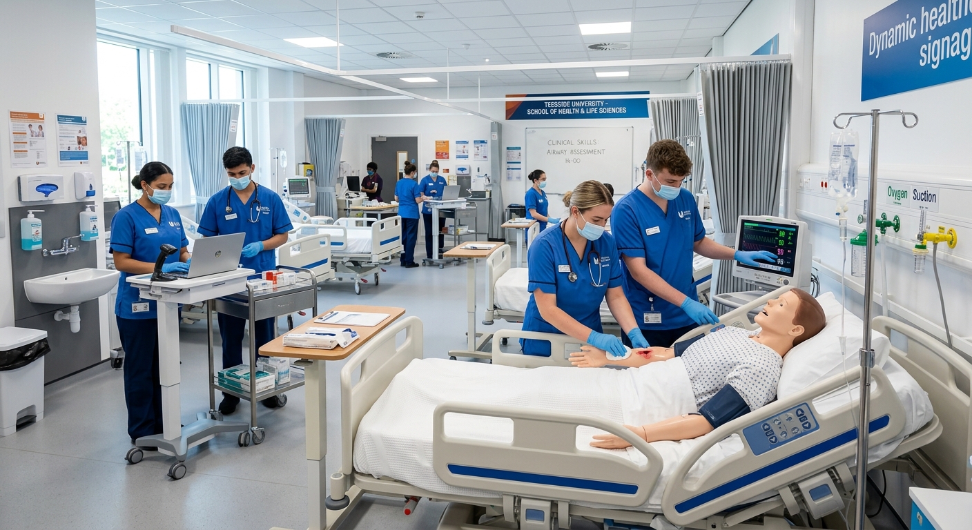 Modern nursing simulation laboratory at Teesside University with clinical skills equipment, practice mannequins, and students in nursing uniforms practicing care techniques in a bright, well-equipped healthcare training facility in Middlesbrough, England