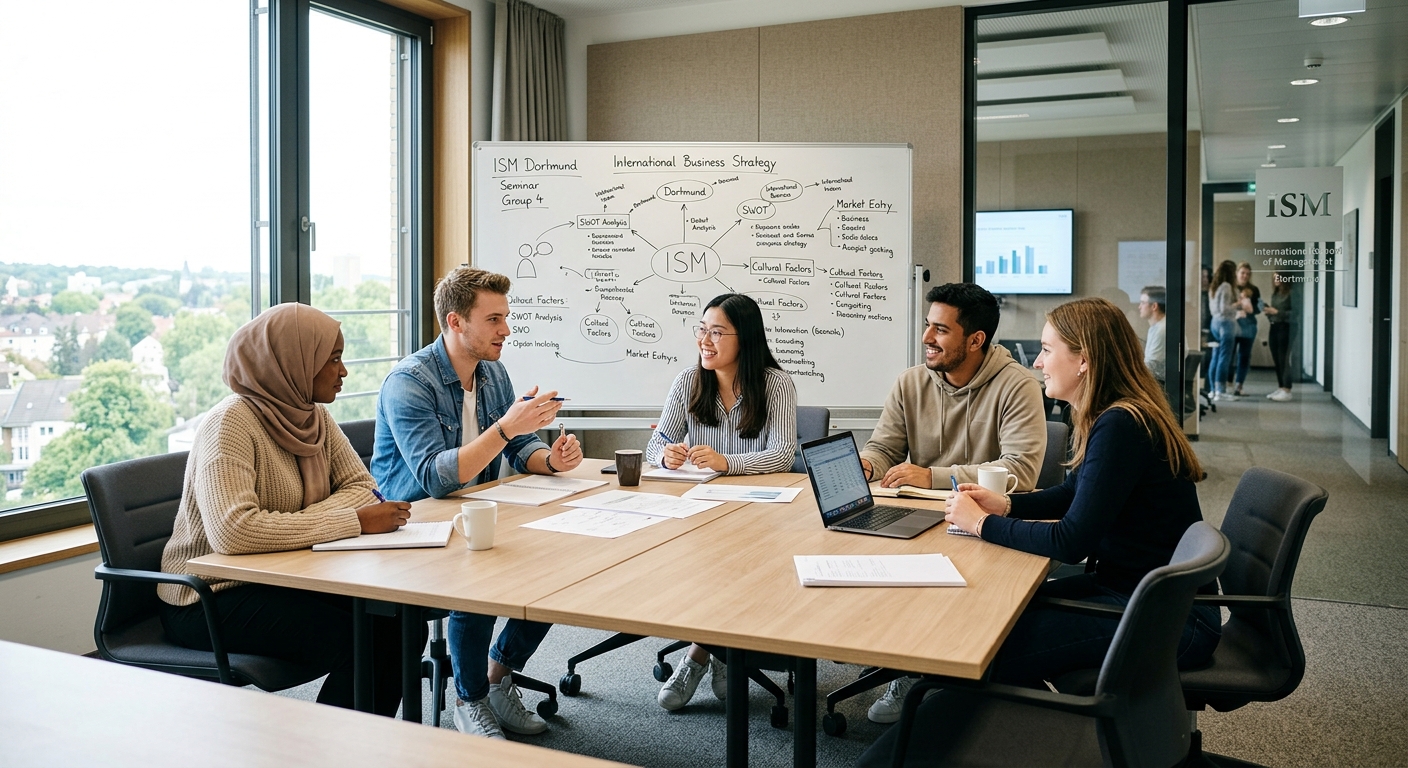 ISM Dortmund modern seminar room, small group of diverse international students in discussion, whiteboard, contemporary classroom furniture
