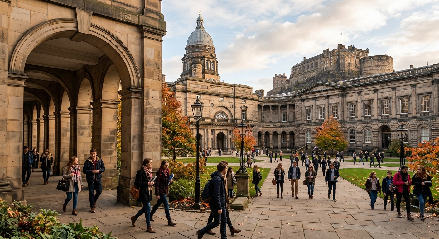Historic University of Edinburgh campus with Old College quadrangle, classical stone architecture, students walking through arched corridors, Edinburgh Castle visible in the background, autumn afternoon light