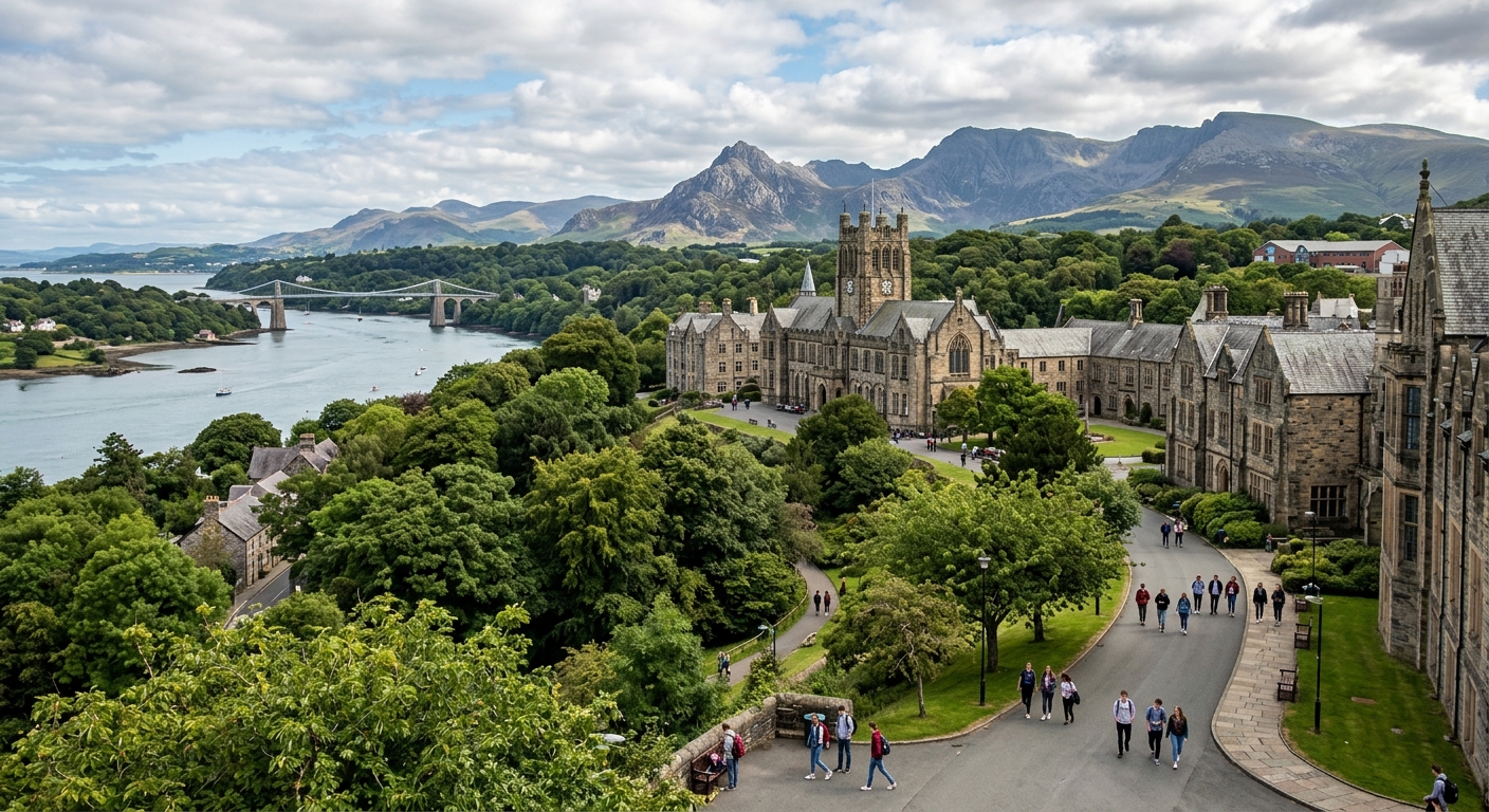 Bangor University campus nestled between Snowdonia mountains and the Menai Strait in North Wales, lush green forests and historic academic buildings, students walking along tree-lined pathways with dramatic mountain backdrop