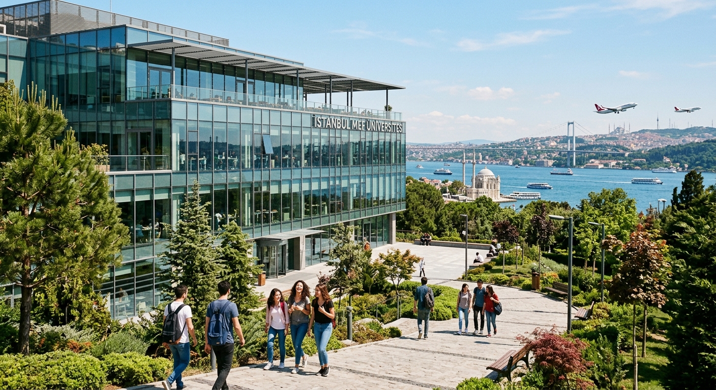 Modern university campus building in Istanbul with glass facade, airplanes in the sky background, students walking on a landscaped pathway, Bosphorus visible in the distance, bright sunny day