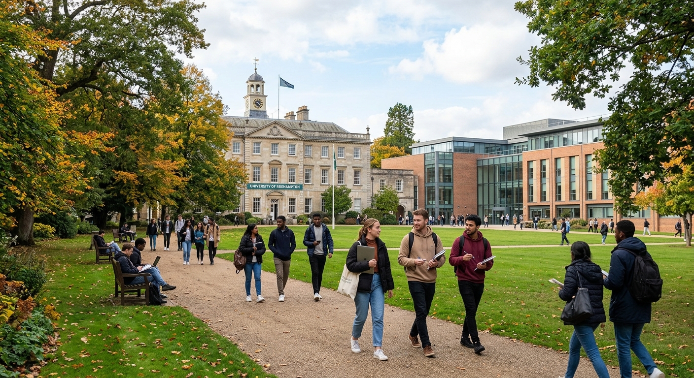 University of Roehampton campus in southwest London with green parkland, historic college buildings, and modern teaching facilities, students walking along tree-lined paths with laptops and books