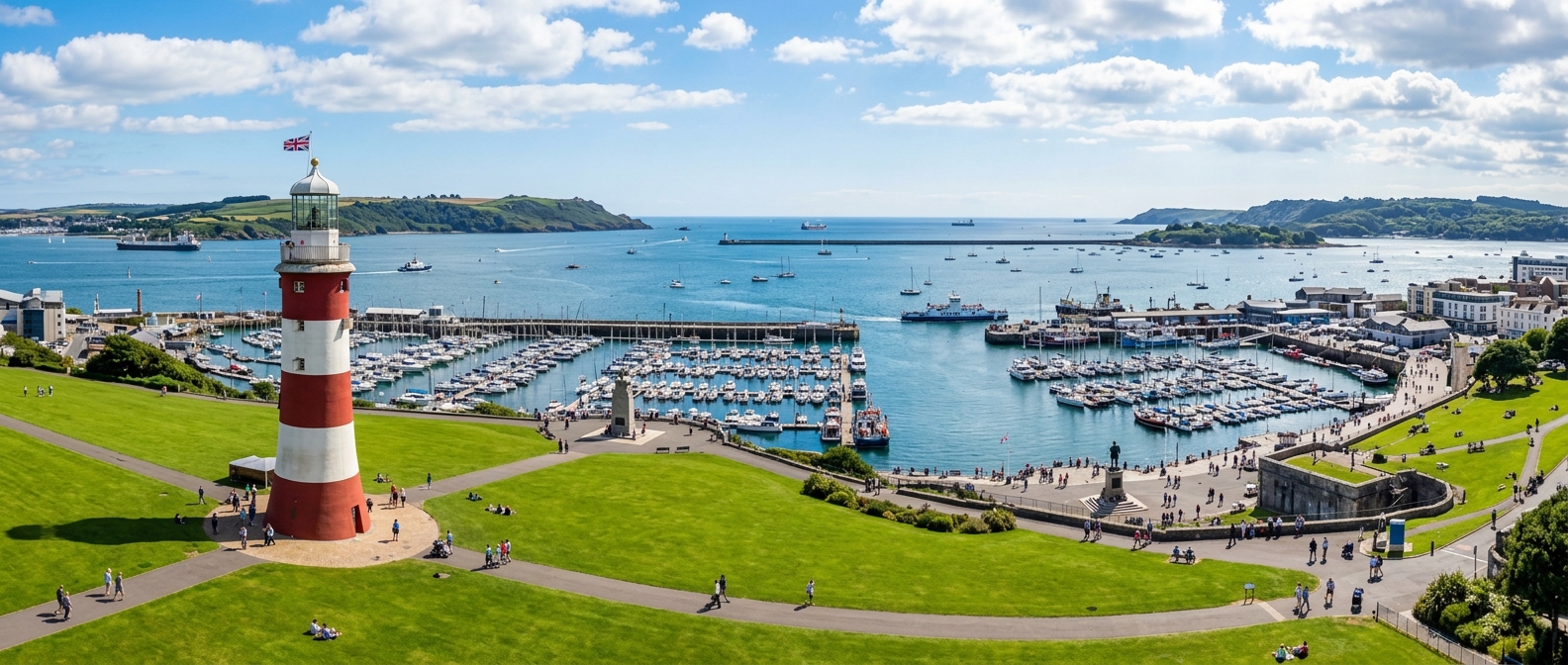 Panoramic view of Plymouth Hoe and the waterfront, with Smeaton's Tower lighthouse in the foreground, Plymouth Sound stretching to the horizon, boats in the harbour, and the green slopes of the Hoe on a sunny day