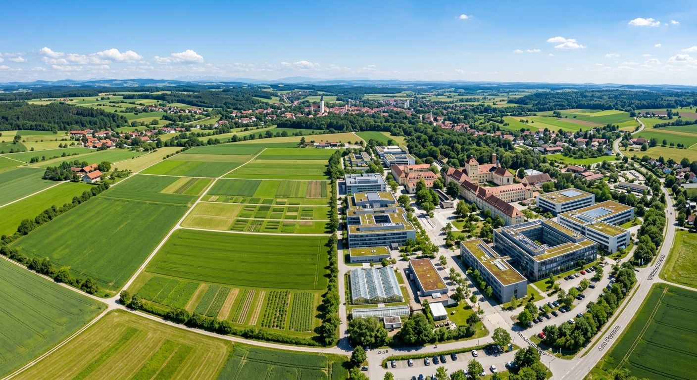 Aerial view of TUM School of Life Sciences Weihenstephan campus in Freising, Bavaria, with lush green agricultural research fields, modern laboratory buildings, and rolling Bavarian countryside under a clear blue sky