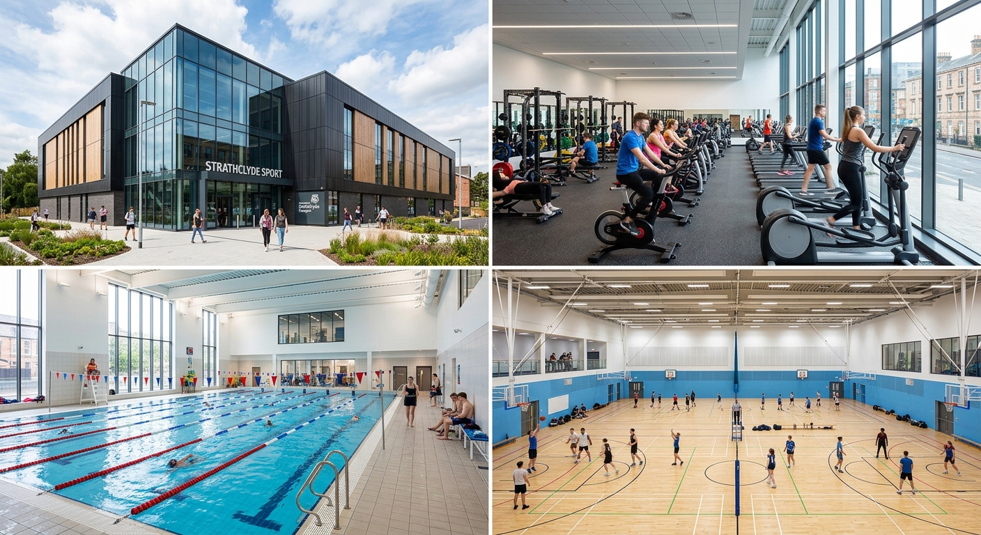 Strathclyde Sport Centre exterior and interior, modern gym equipment, swimming pool, sports hall, students exercising, bright contemporary fitness facility