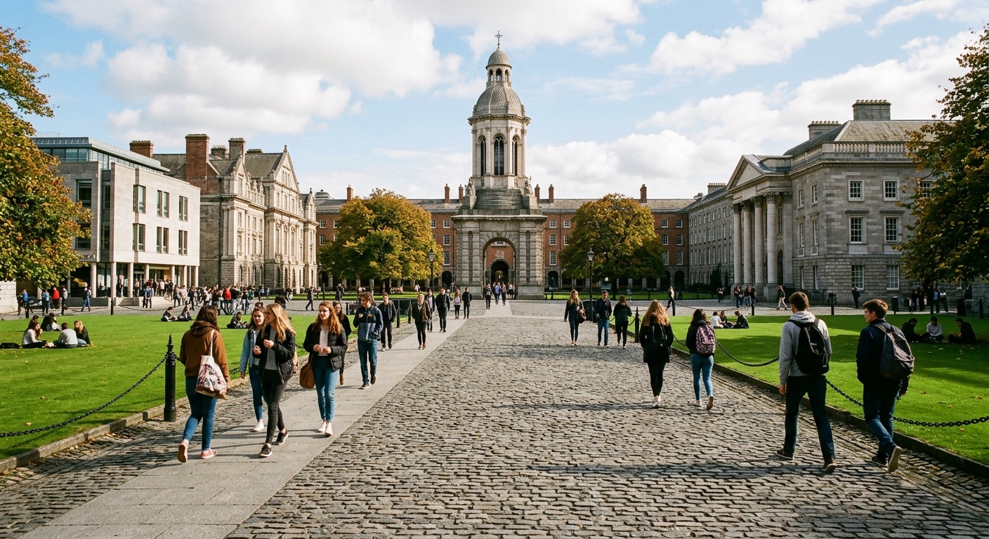 Historic Trinity College Dublin campus with Georgian architecture, cobblestone Front Square, the Campanile bell tower, green lawns, and students walking near the Arts Building on a bright day