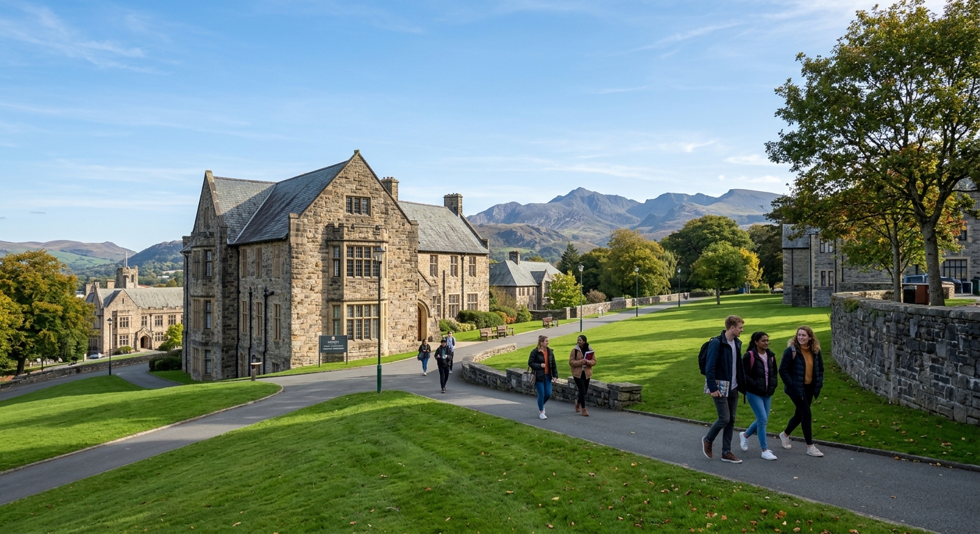 Bangor University campus in North Wales with historic stone buildings, green lawns, and the Snowdonia mountains visible in the background under a clear sky, students walking along pathways near the School of Psychology