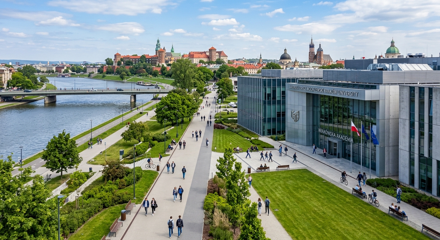 Modern university campus of Andrzej Frycz Modrzewski Krakow University with contemporary architecture, green lawns, and students walking along pathways, Krakow cityscape in the background with the Vistula River visible