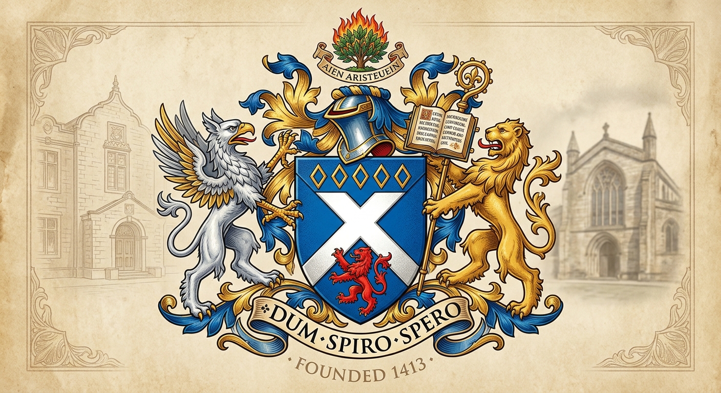 University of St Andrews official crest featuring a blue shield with a silver saltire cross, gold diamonds, a red lion rampant, and an open book, surrounded by ornate heraldic detailing