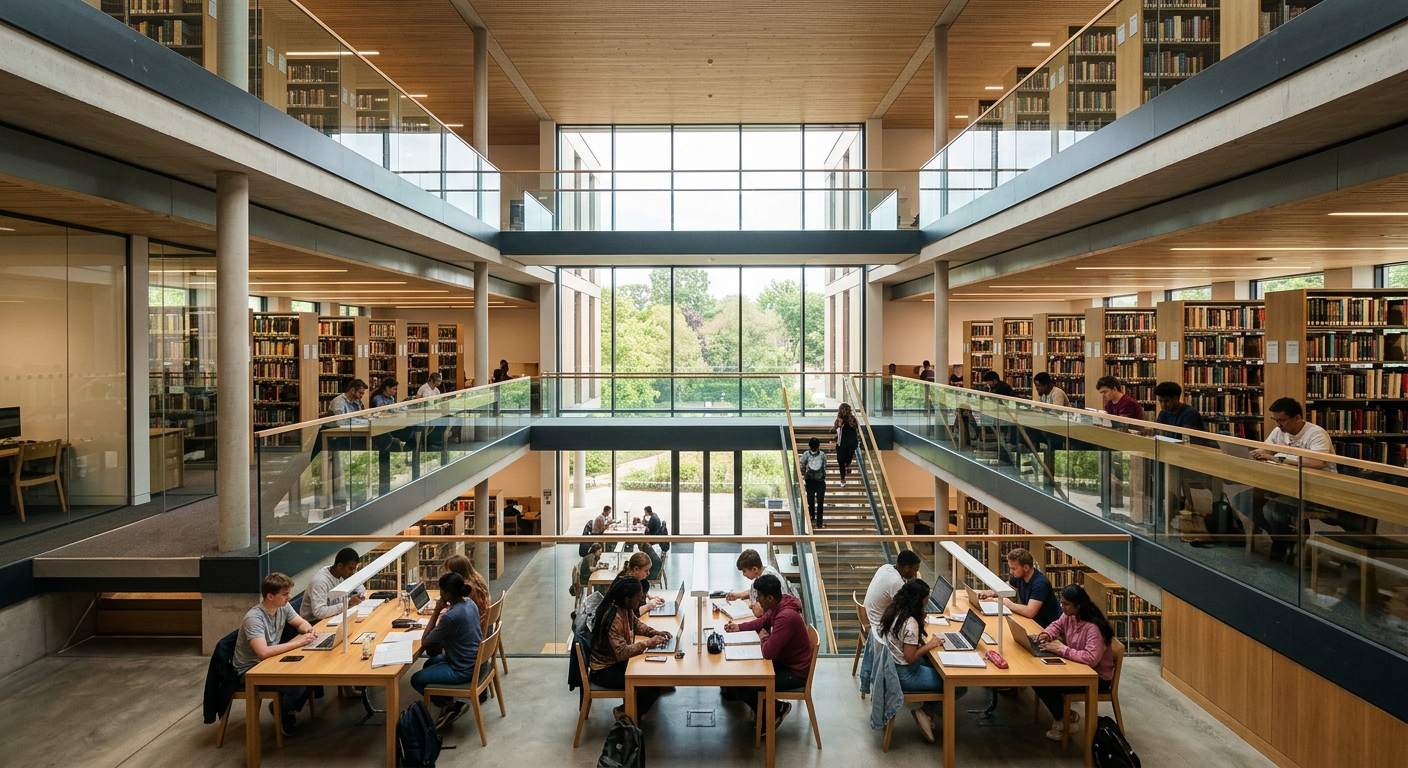 Martial Rose Library interior at University of Winchester, modern three-storey building with study desks, bookshelves, students studying, natural light from large windows
