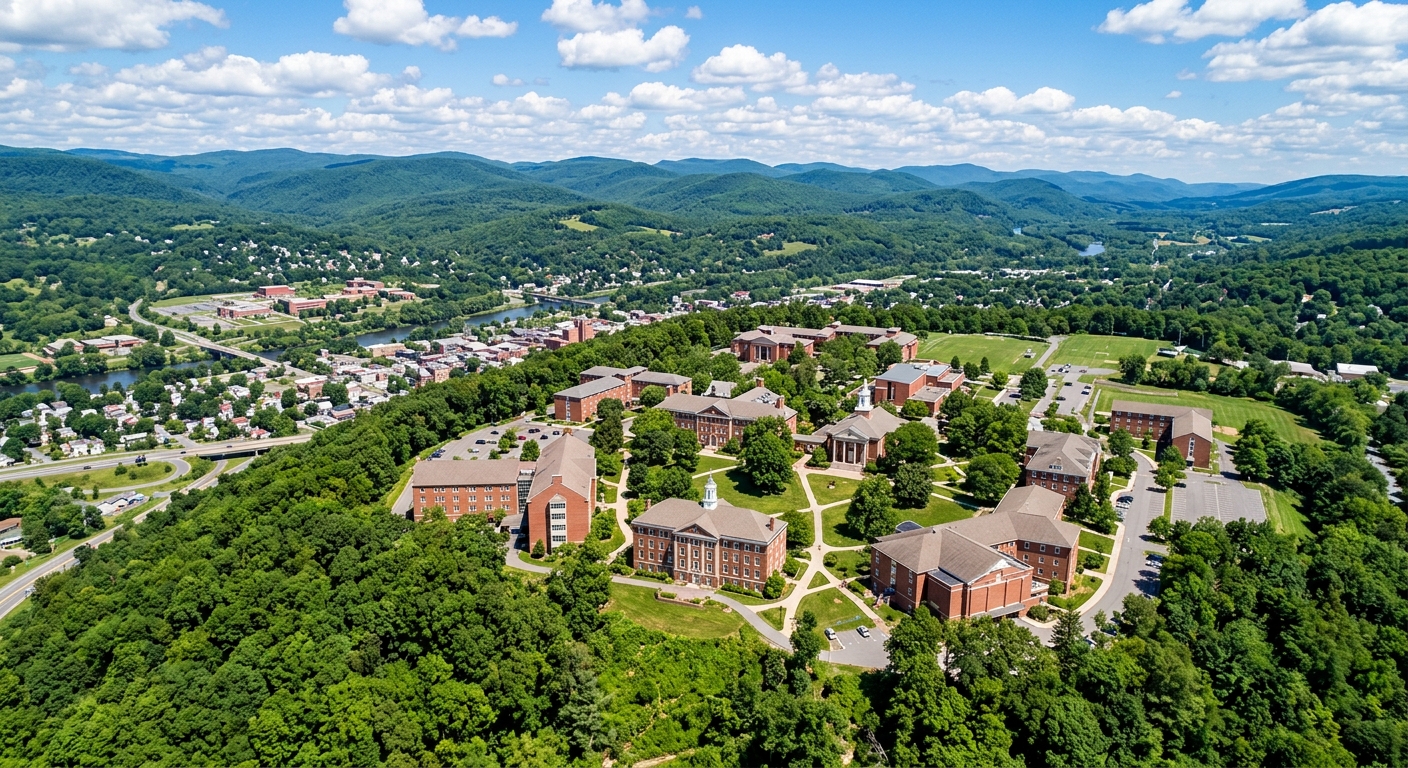 Aerial view of Hartwick College campus on Oyaron Hill in Oneonta New York, red brick academic buildings surrounded by lush green trees, Catskill Mountain foothills in the background, clear blue sky