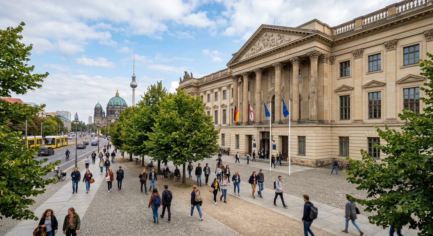 Humboldt University of Berlin historic main building on Unter den Linden boulevard, neoclassical architecture with columns, students walking in front, green trees lining the street, Berlin cityscape in background