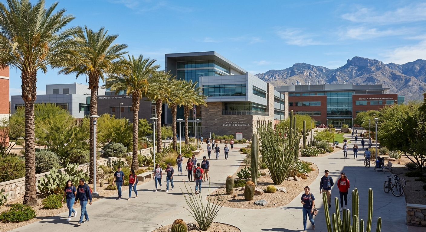 University of Arizona College of Engineering campus in Tucson with modern laboratory buildings, desert landscape, clear blue sky, and students walking along pathways lined with palm trees and cacti