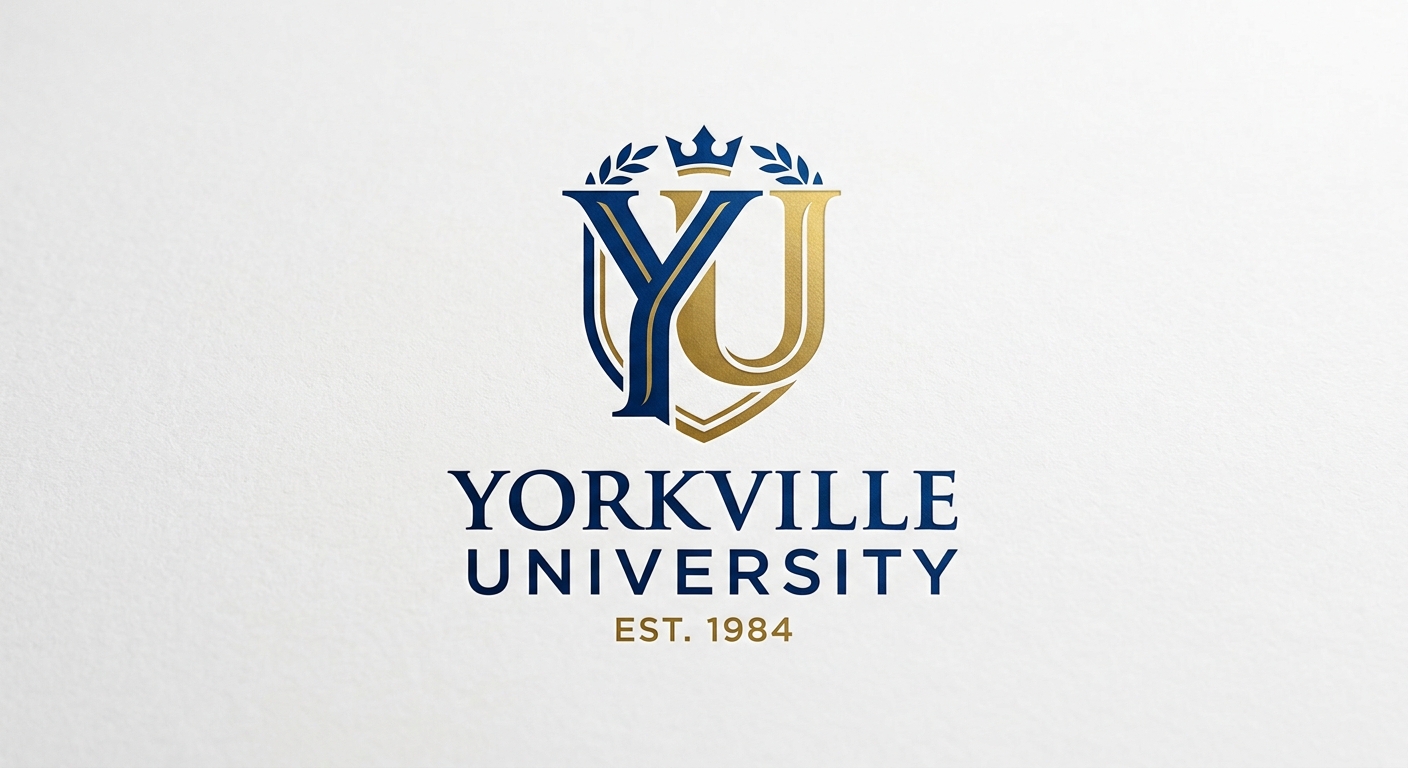 Yorkville University official logo, stylized YU monogram in dark blue and gold on white background