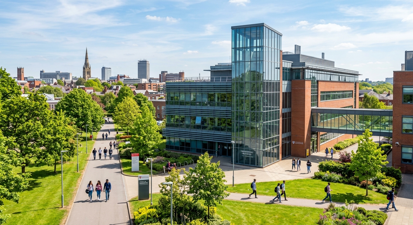 University of Leicester School of Engineering building exterior with modern glass facade, students walking on campus paths surrounded by green lawns and mature trees, Leicester city skyline in background, bright daylight