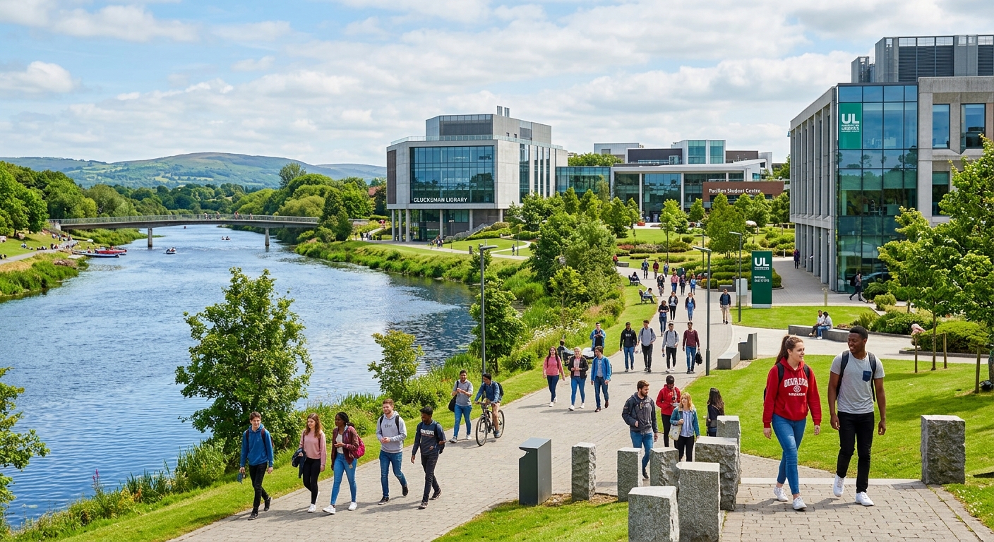 University of Limerick campus along the River Shannon with modern academic buildings, green landscapes, and students walking between lecture halls on a bright day in Limerick, Ireland