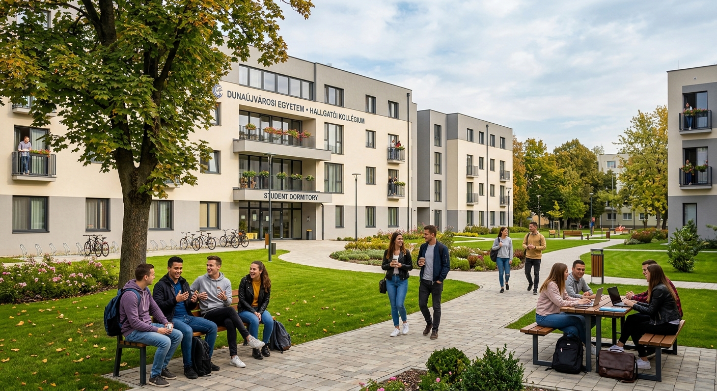 University of Dunaújváros student dormitory buildings, renovated hostel exteriors, green courtyard, students socializing outside, residential campus area