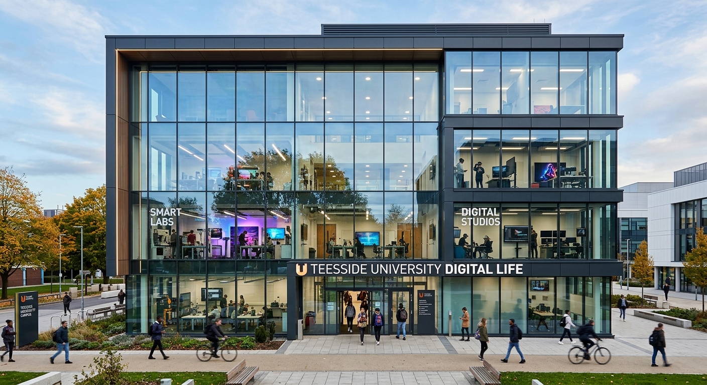 Teesside University Digital Life building, contemporary glass-fronted multi-storey building with smart labs and digital studios visible, modern campus setting