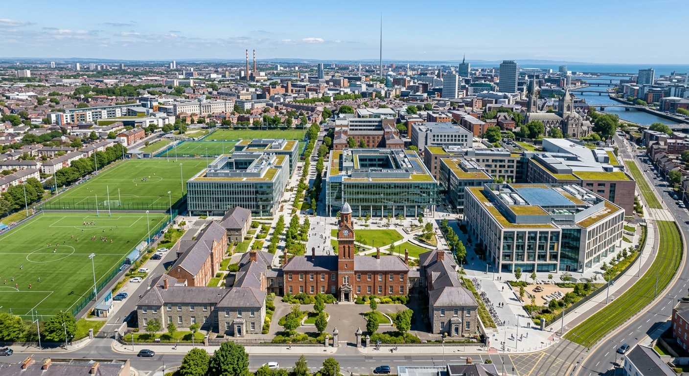 TU Dublin Grangegorman campus wide-shot aerial view, modern academic buildings with glass facades, green sports pitches, historic refurbished structures, Dublin city skyline in background, clear day