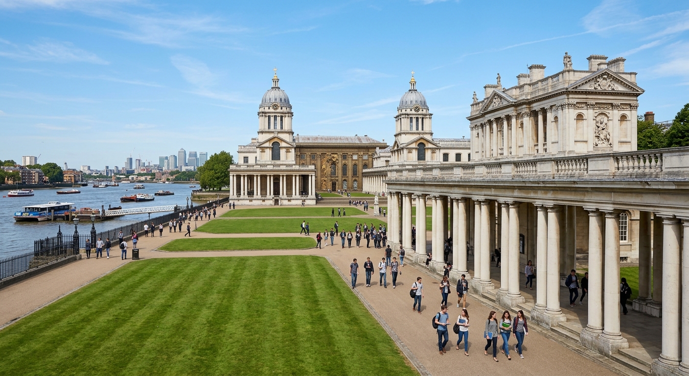 Historic baroque buildings of the University of Greenwich Old Royal Naval College campus on the banks of the River Thames, with green lawns and students walking between classical columns under a clear sky