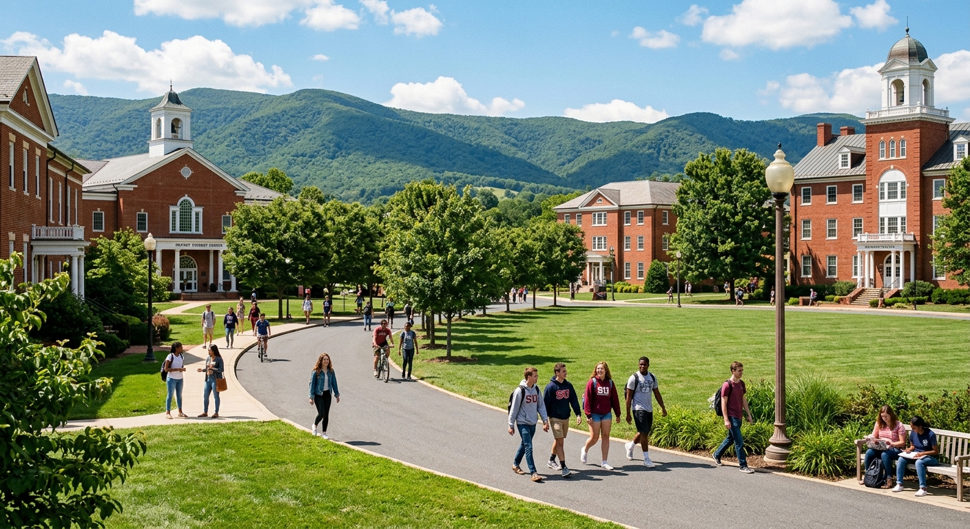 Shenandoah University campus in Winchester Virginia with red brick buildings, green lawns, Shenandoah Valley mountains in background, students walking along tree-lined pathways on a sunny day