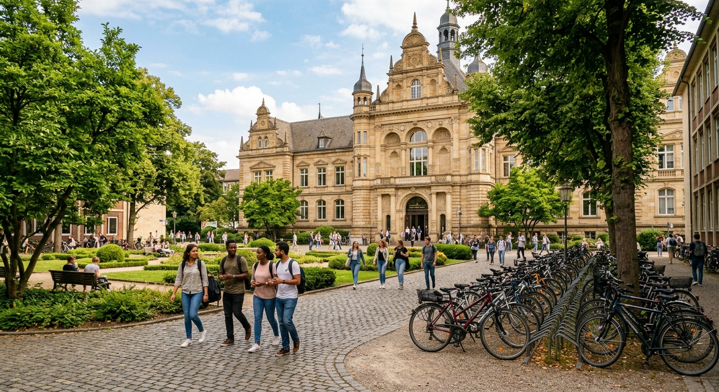 Historic sandstone university building at University of Münster with students walking through a tree-lined campus courtyard, bicycles parked nearby, warm daylight