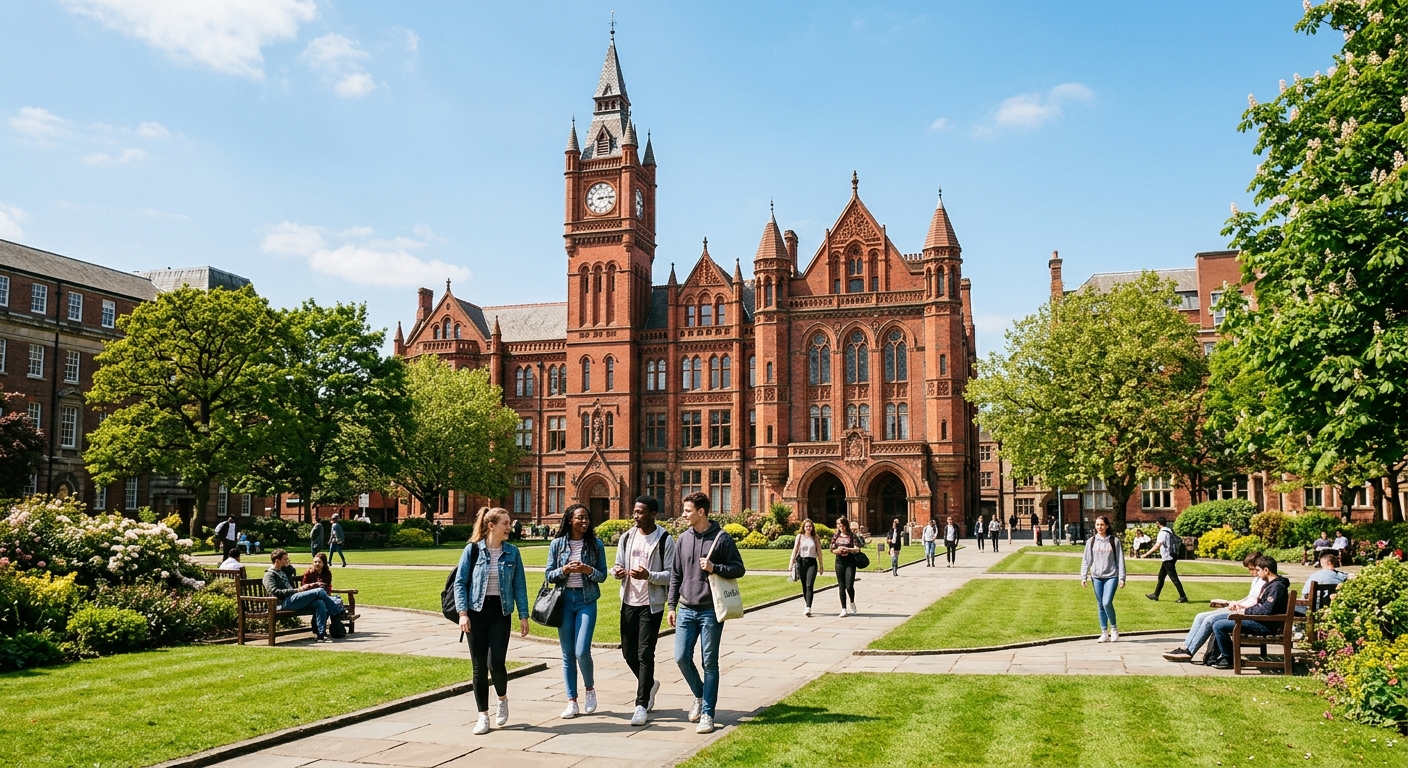 University of Liverpool historic red brick Victoria Building with Gothic architecture, green campus grounds, students walking through Abercromby Square on a sunny day