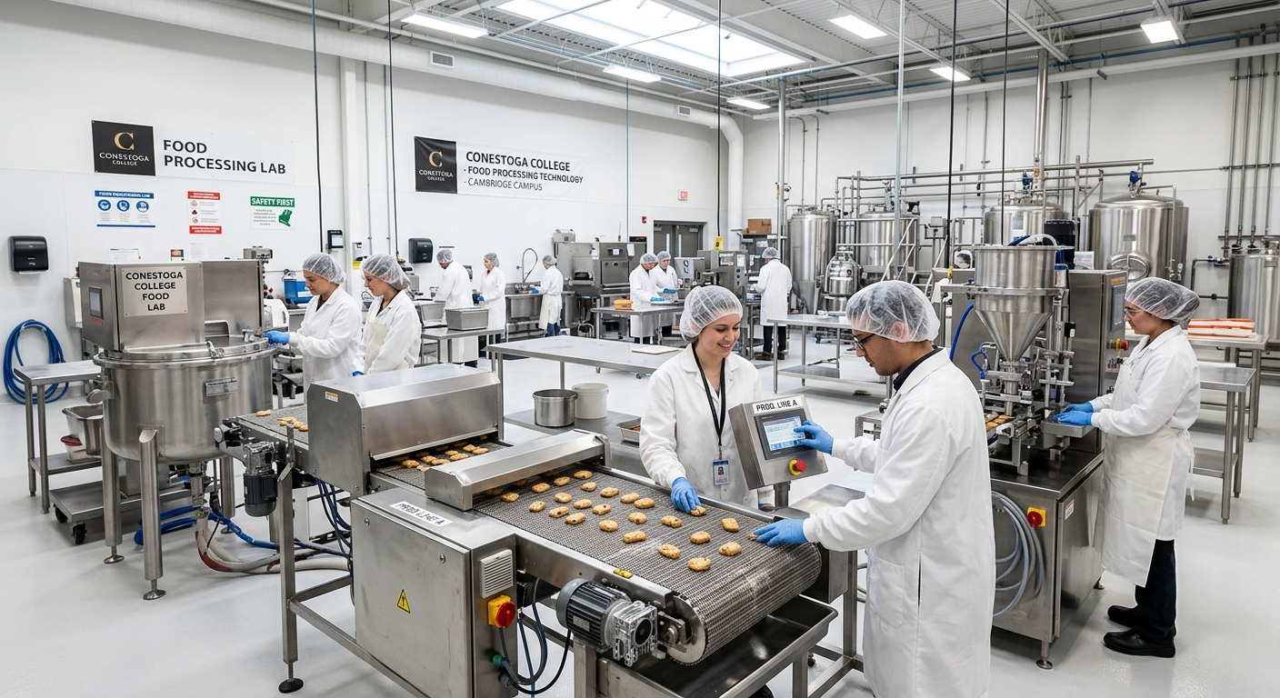 Modern food processing laboratory at Conestoga College Cambridge campus, students in white lab coats and hairnets operating industrial food manufacturing equipment, stainless steel machinery, bright overhead lighting, clean semi-industrial environment