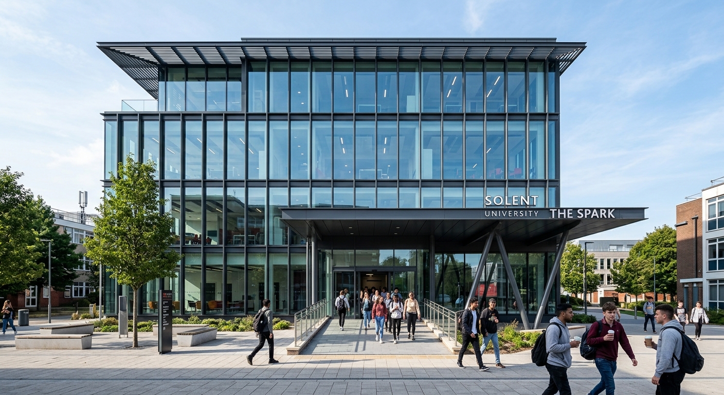 The Spark building at Solent University, a modern five-storey glass and steel teaching building with open-plan collaborative learning spaces, students entering through the main entrance, contemporary architecture