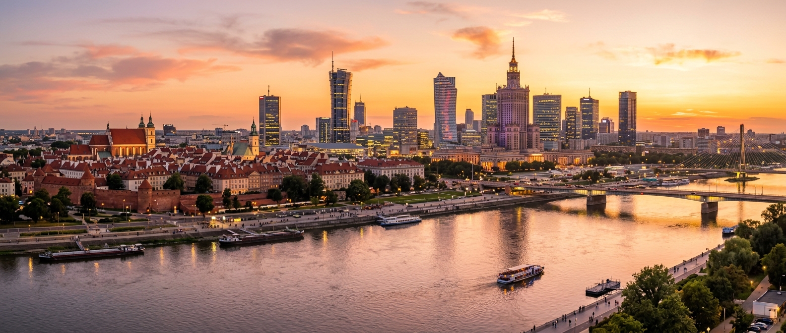 Warsaw city skyline panorama with the Vistula River, Palace of Culture and Science tower, modern skyscrapers, Old Town rooftops, golden hour lighting