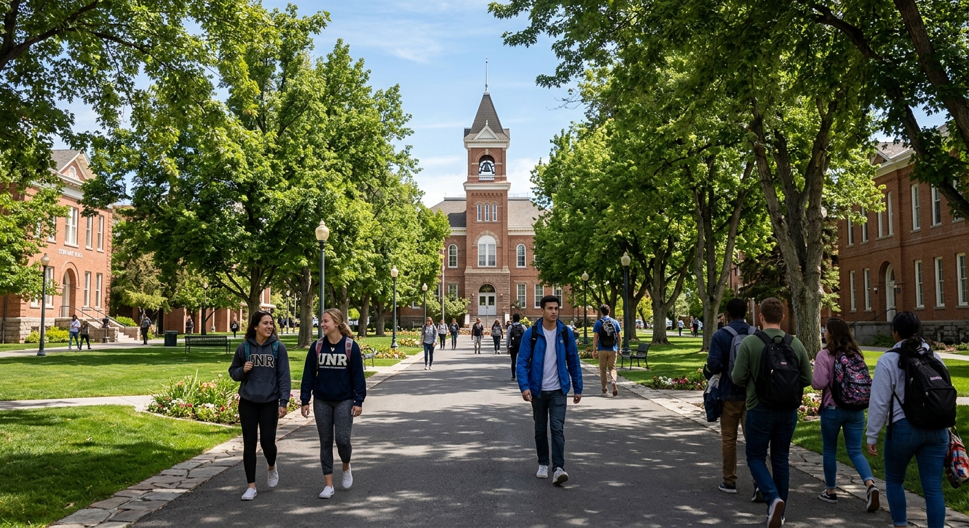 Historic Quad at University of Nevada Reno with tree-lined pathways, Morrill Hall in the background, students walking on sunny day, classic brick architecture