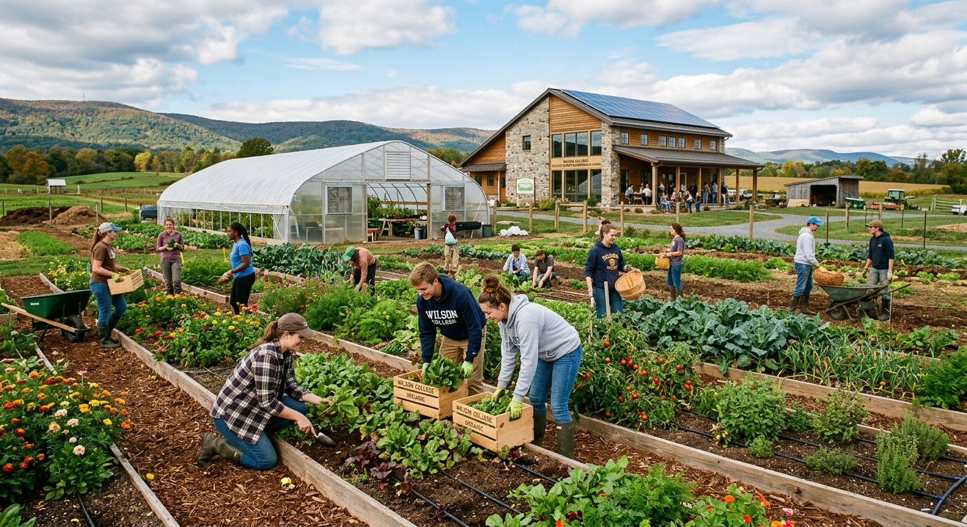 Wilson College Fulton Farm organic agricultural fields with greenhouse and Fulton Center for Sustainable Living, students working in garden beds